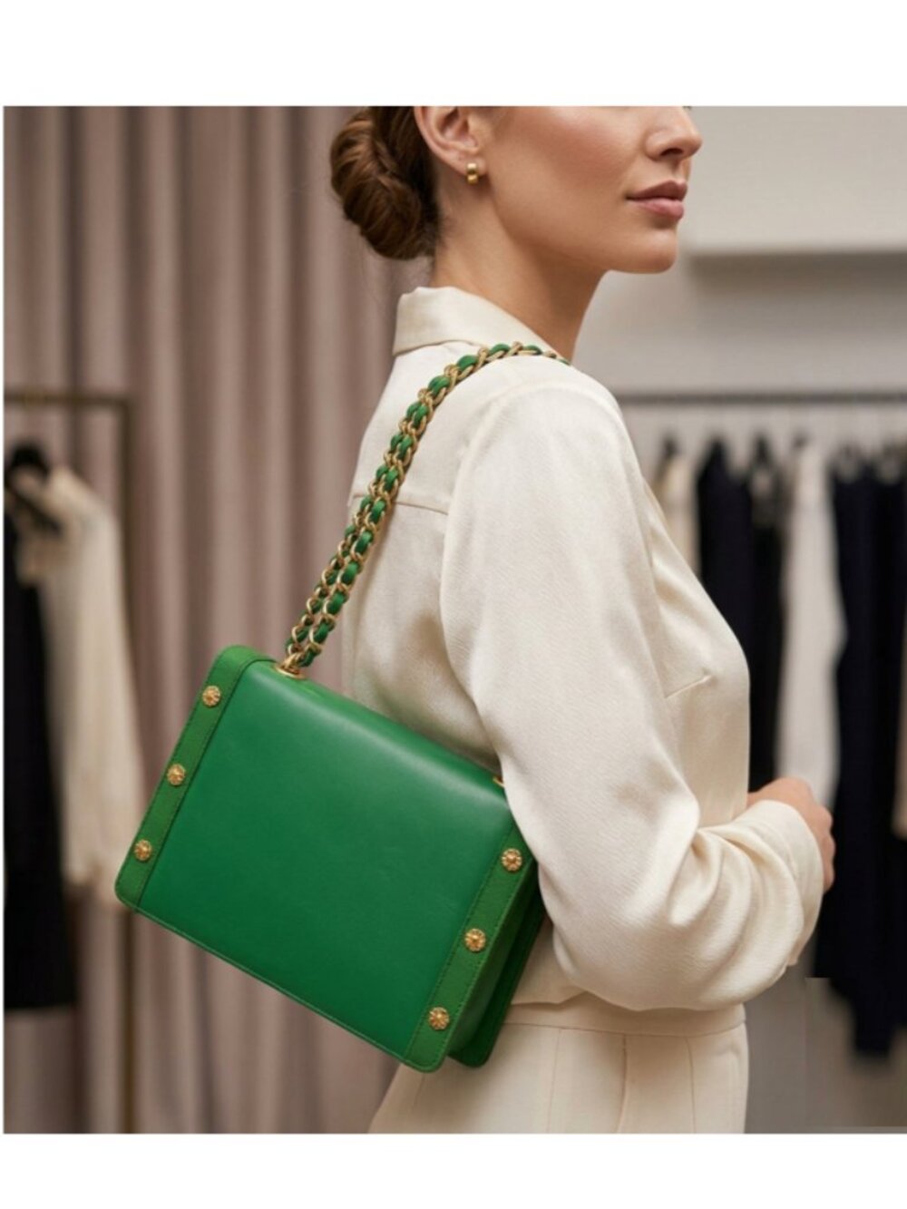 Green genuine lamb leather purse chain crossbody shoulder bag gold studs unbrand